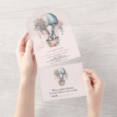 かわいいピンクの水彩風船象ベビー翔 オールインワン招待状 (貼ってはがせる)