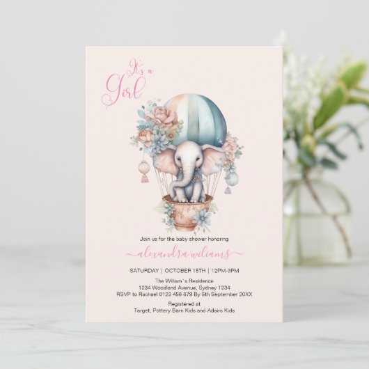 かわいいピンクの水彩風船象ベビー翔 招待状 (スタンド正面)