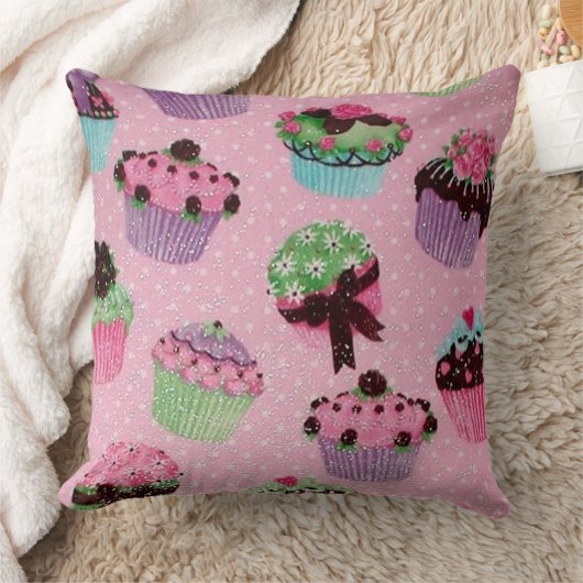 かわいいピンクの水玉模様のカップケーキの装飾用クッション クッション (ブランケット)