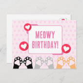 かわいいピンクの水玉模様の猫の手がハッピーバースデー ポストカード (正面/裏面)