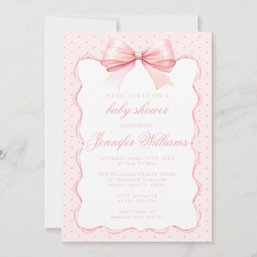 かわいいピンクの水玉模様リボン赤ちゃん女の子シャワー 招待状 (正面)