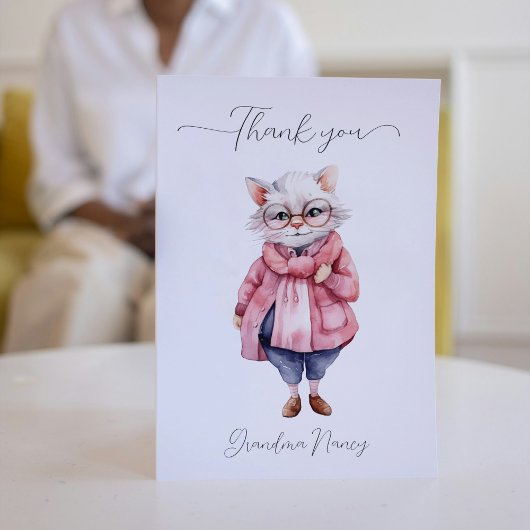 かわいいピンクの水色のおばあちゃん猫 サンキューカード