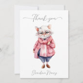 かわいいピンクの水色のおばあちゃん猫 サンキューカード (正面)