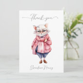 かわいいピンクの水色のおばあちゃん猫 サンキューカード (スタンド正面)