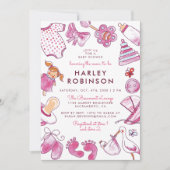 かわいいピンクの水色のおもちゃ |ベビーガールのベビーシャワー 招待状 (正面)