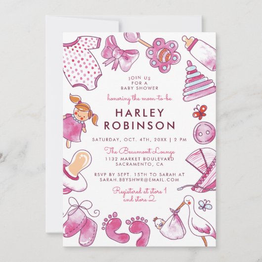 かわいいピンクの水色のおもちゃ |ベビーガールのベビーシャワー 招待状 (正面)