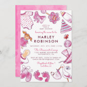 かわいいピンクの水色のおもちゃ |ベビーガールのベビーシャワー 招待状 (正面/裏面)