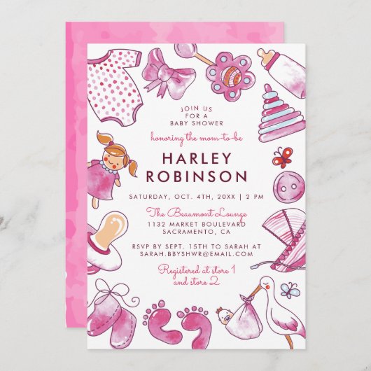 かわいいピンクの水色のおもちゃ |ベビーガールのベビーシャワー 招待状 (正面/裏面)
