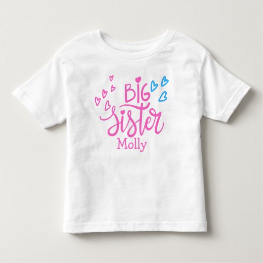 かわいいピンクの水色のハートビッグシスター名 トドラーTシャツ (正面)