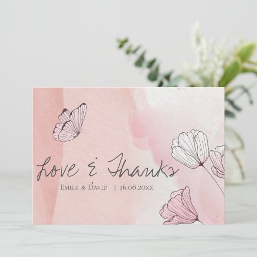 かわいいピンクの水色のフローラバタフライ結婚ズ サンキューカード (スタンド正面)