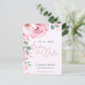 かわいいピンクの水色のフローラ結婚式の日付を保存 ポストカード (スタンド正面)