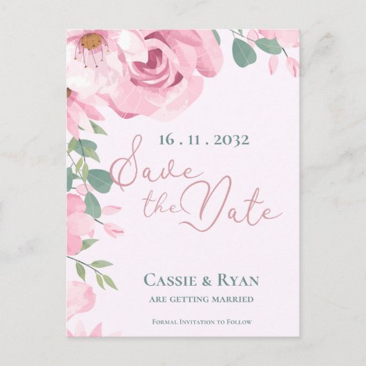 かわいいピンクの水色のフローラ結婚式の日付を保存 ポストカード (正面)