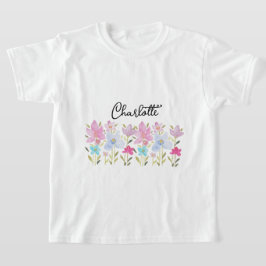 かわいいピンクの水色の野花モノグラムの Tシャツ