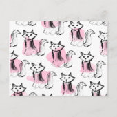 かわいいピンクの水色の黒い筆跡の猫の傾向 ポストカード (正面)