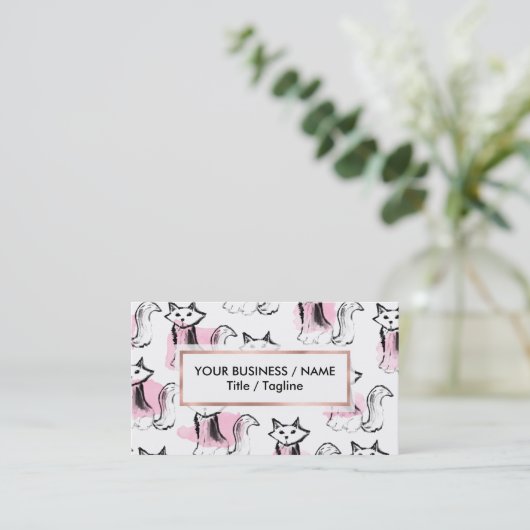 かわいいピンクの水色の黒い筆跡の猫の傾向 名刺 (スタンド正面)