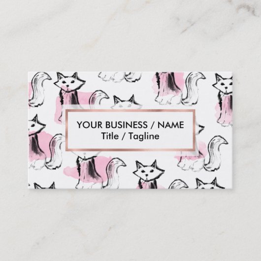 かわいいピンクの水色の黒い筆跡の猫の傾向 名刺 (正面)