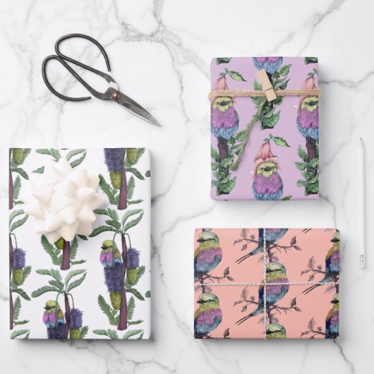 かわいいピンクの水色アフリカの鳥のパターン ラッピングペーパーシート (正面)