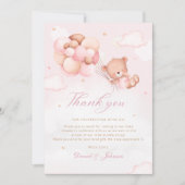 かわいいピンクの水色テディベア女の子ベビーシャワー サンキューカード (正面)