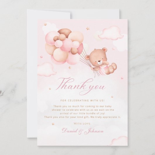 かわいいピンクの水色テディベア女の子ベビーシャワー サンキューカード (正面)