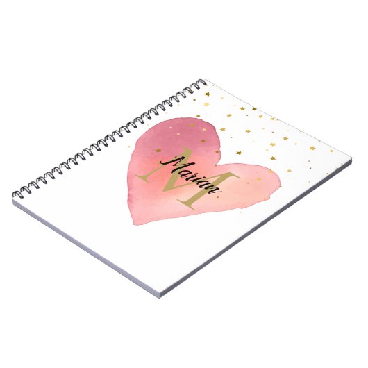かわいいピンクの水色ハートモノグラム名 ノートブック (左側)