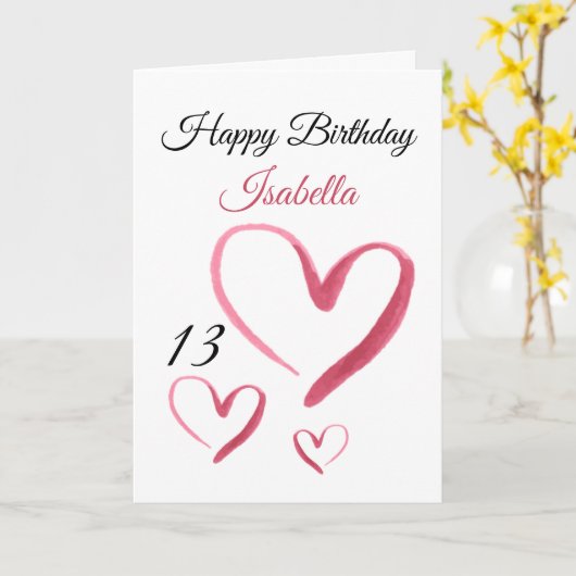 かわいいピンクの水色ハート13誕生日 カード (黄色い花)