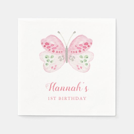 かわいいピンクの水色バタフライ1st誕生日パーティー スタンダードカクテルナプキン (正面)