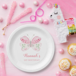 かわいいピンクの水色バタフライ1st誕生日パーティー ペーパープレート