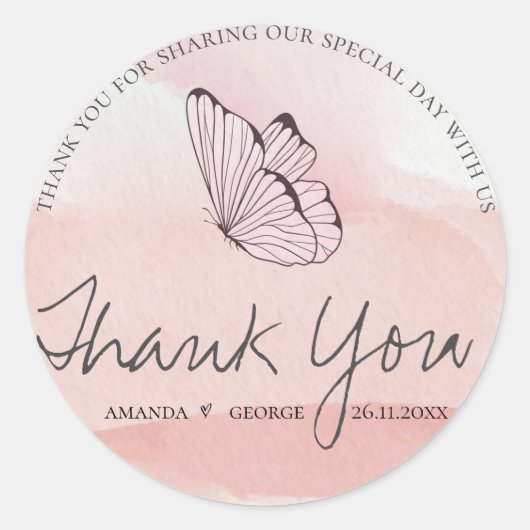 かわいいピンクの水色バターフライ結婚サンキュー ラウンドシール (正面)