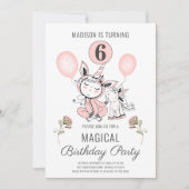 かわいいピンクの水色ユニコーンガール第6誕生日 招待状 (正面)