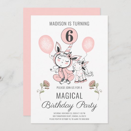 かわいいピンクの水色ユニコーンガール第6誕生日 招待状 (正面/裏面)