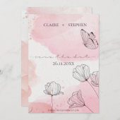 かわいいピンクの水色ラインフラワーバタフライ結婚ズ セーブザデート (正面/裏面)