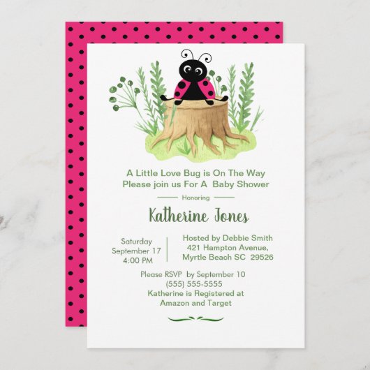 かわいいピンクの水色ラディバグ女の子ベビーシャワー 招待状 (正面/裏面)