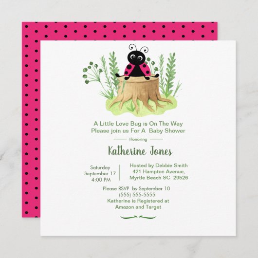 かわいいピンクの水色ラディバグ女の子ベビーシャワーI 招待状 (正面/裏面)