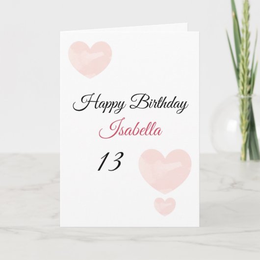 かわいいピンクの水色絵を描ハート13誕生日 カード (正面)