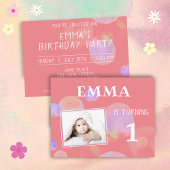 かわいいピンクの泡1st誕生日パーティー写真 インビテーションポストカード