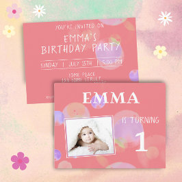 かわいいピンクの泡1st誕生日パーティー写真 インビテーションポストカード