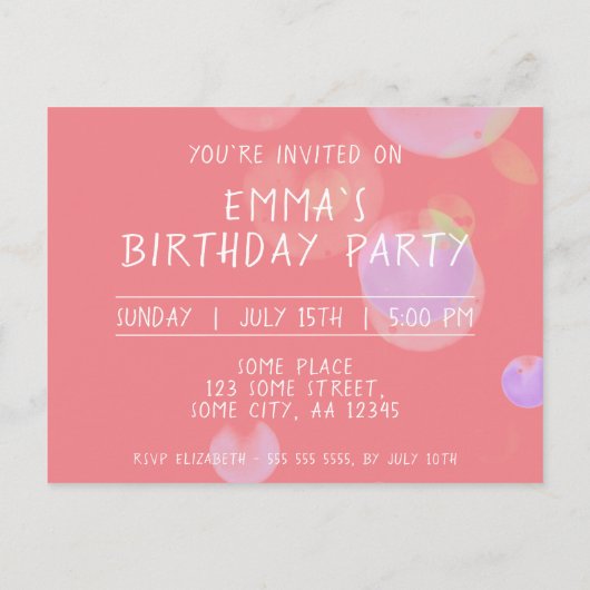 かわいいピンクの泡1st誕生日パーティー写真 インビテーションポストカード (裏面)