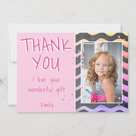 かわいいピンクの波の女の子の誕生日写真 サンキューカード (正面)