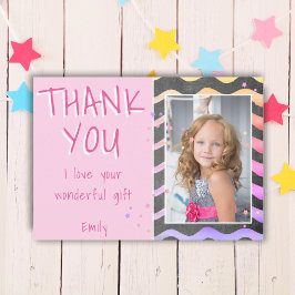 かわいいピンクの波の女の子の誕生日写真 サンキューカード