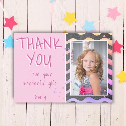 かわいいピンクの波の女の子の誕生日写真 サンキューカード