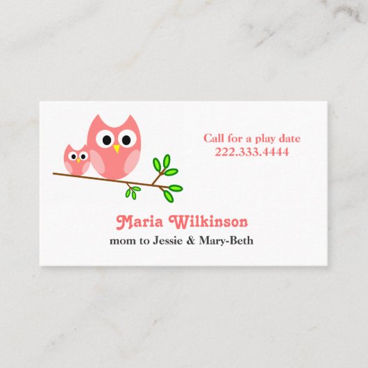 かわいいピンクの漫画のフクロウのお母さんカード コーリングカード (正面)