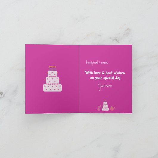 かわいいピンクの漫画は誕生日動物の慈善をかわいがります カード (内部)