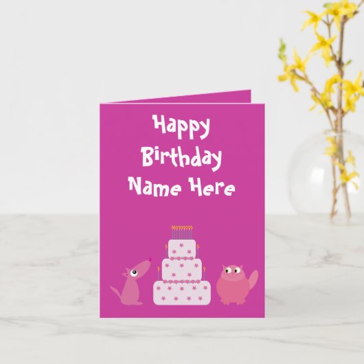 かわいいピンクの漫画は誕生日動物の慈善をかわいがります カード (黄色い花)