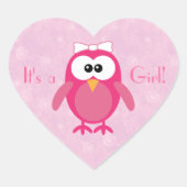 かわいいピンクの漫画フクロウその女の子新生児 ハートシール (正面)
