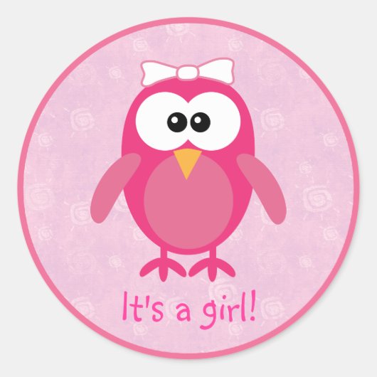 かわいいピンクの漫画フクロウその女の子新生児 ラウンドシール (正面)