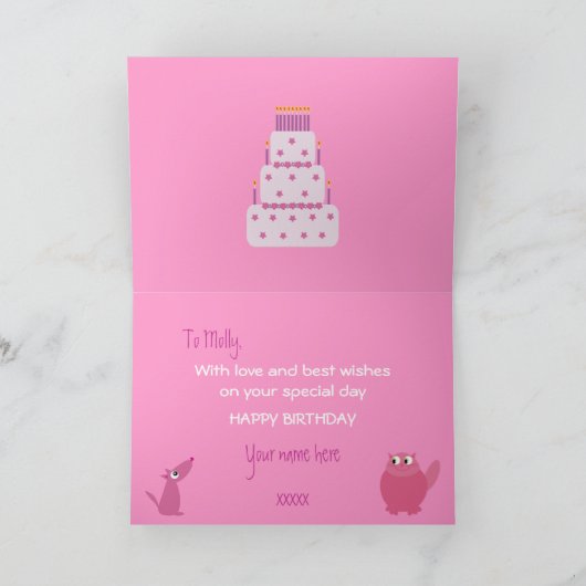 かわいいピンクの漫画ペット&お誕生日ケーキカード カード (内部)