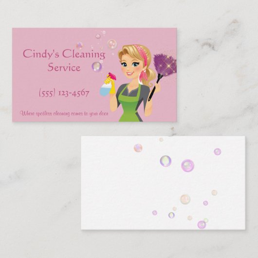 かわいいピンクの漫画メイドハウスクリーニングサービス 名刺 (正面/裏面)