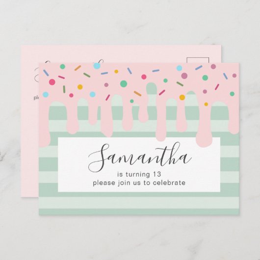 かわいいピンクの点滴の誕生日パーティー インビテーションポストカード (正面/裏面)