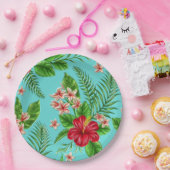 かわいいピンクの熱帯ハイビスカスフラワーオンターコイズ ペーパープレート (パーティー)