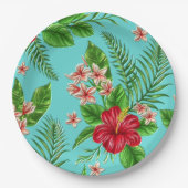 かわいいピンクの熱帯ハイビスカスフラワーオンターコイズ ペーパープレート (正面)